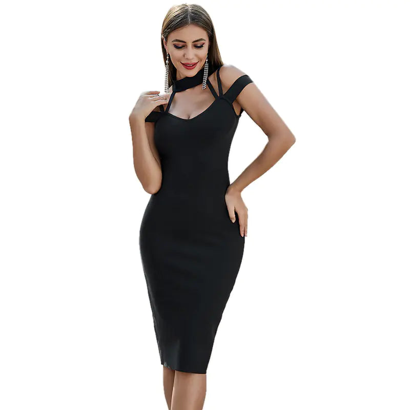 "Black Strap Dress - Elegant Bandage Style"